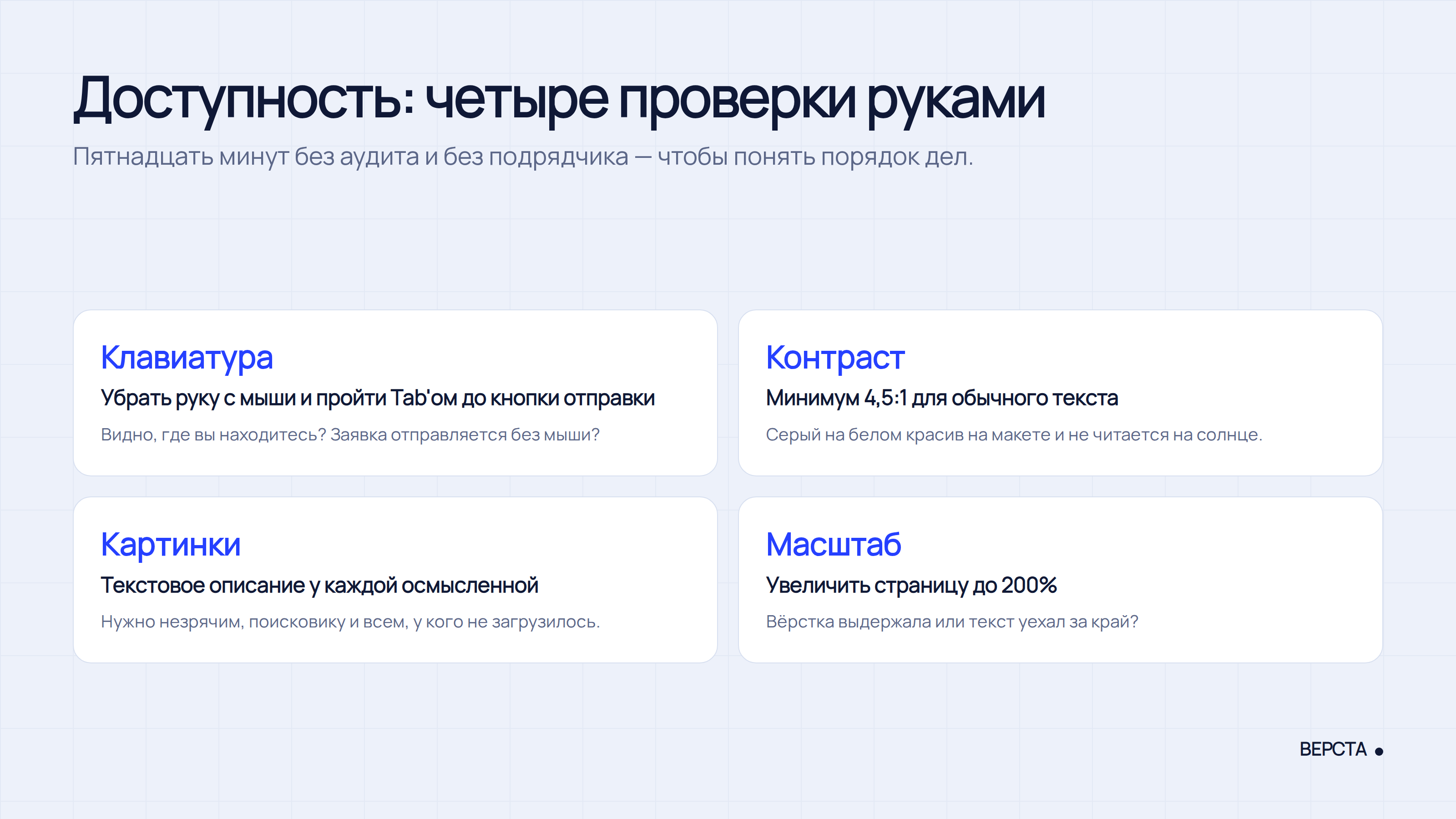 Четыре проверки доступности: клавиатура, контраст, описания картинок, масштаб 200%