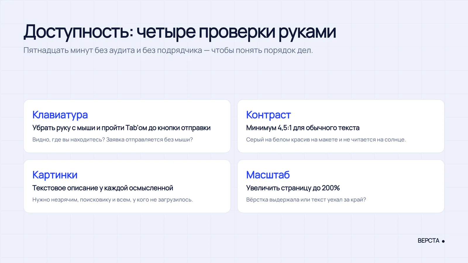 Четыре проверки доступности: клавиатура, контраст, описания картинок, масштаб 200%
