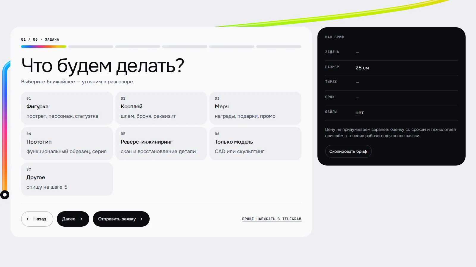 Бриф на проект: первый шаг из шести с вариантами задач и сводкой справа